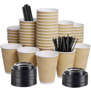 SPRINGPACK Disposable Paper Coffee Cups with Lids, 100 pack 12 oz Ripple Wall Insulated To Go Coffee Cups for Hot/Cold Beverage, Recyclable Takeaway Drinking Cups for Home Office Cafe Party