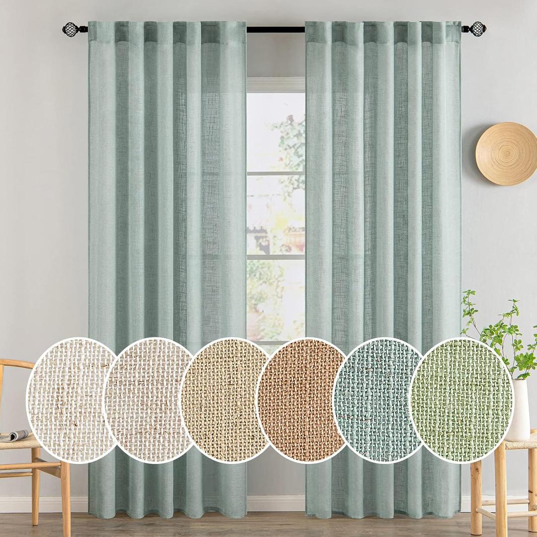MIULEE Sea Green Linen Curtains 84 Inch Length for Bedroom Living Room, Soft Thick Linen Textured Window Drapes Semi Sheer Light Filtering Back Tab Rod Pocket Burlap Look Aqua Decor, 2 Panels, 52"W x 84"L