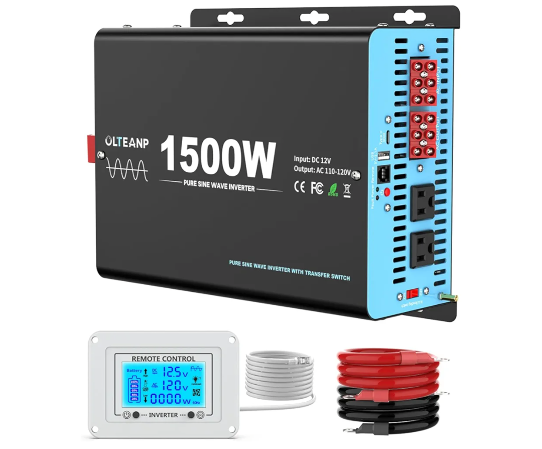 1500W Pure Sine Wave Power Inverter with Transfer Switch, 12V DC to 120V AC Converter, 3000W Peak, Auto Switch to Shore Power, Remote LCD Controller, USB & Type-C for RV, Truck, Off-Grid