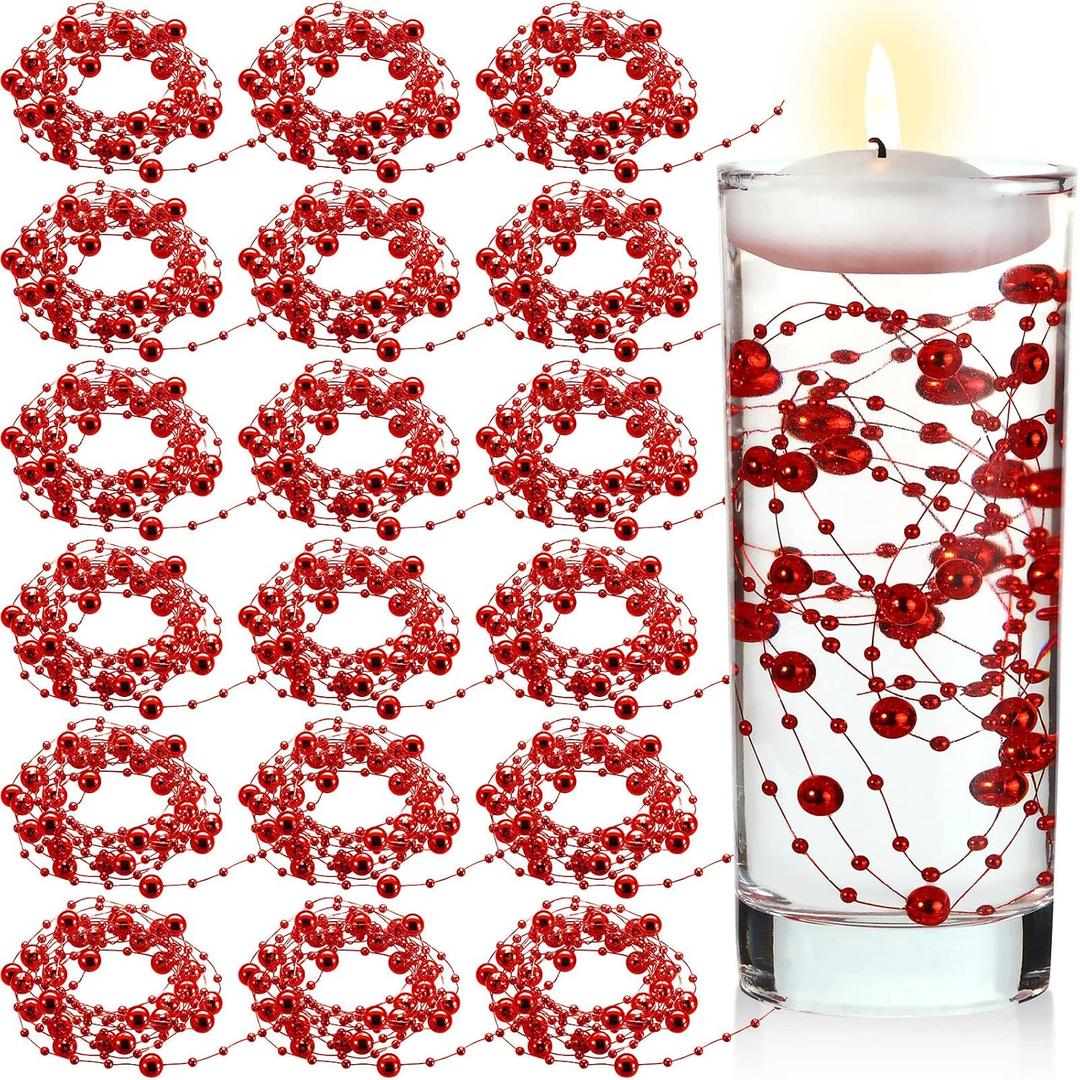 Hicarer 157 Feet 24 Strings Pearl String for Floating Candles, Highlight Faux Pearl as Vase Filler, Ideal for Wedding Party Garland, Home Table Centerpieces Decor(Red)