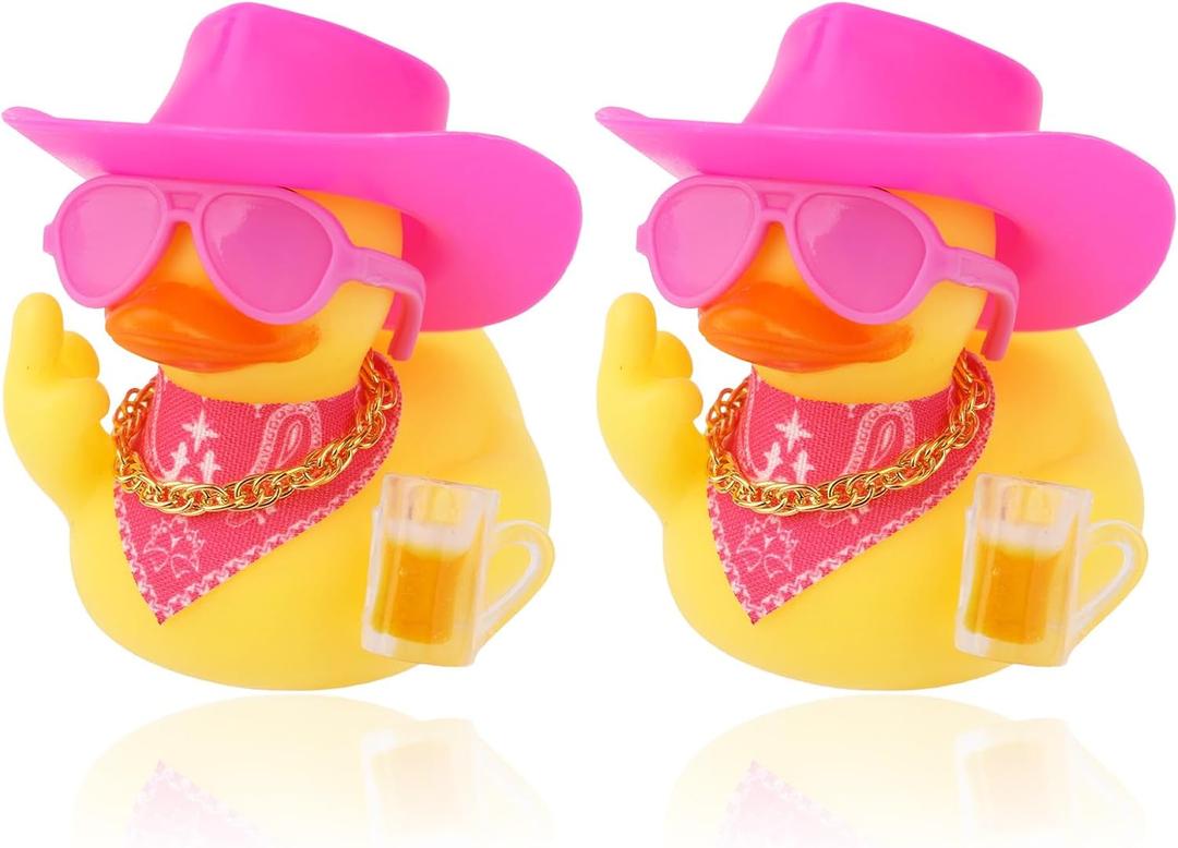 2 x 2pcs Funny Rubber Ducks for Dashboard, Cute Car Rubber Cool Duck Ornament with Mini Glasses Hat Scarf Accessories Decor for Home Office Refrigerator Decoration (Pink)