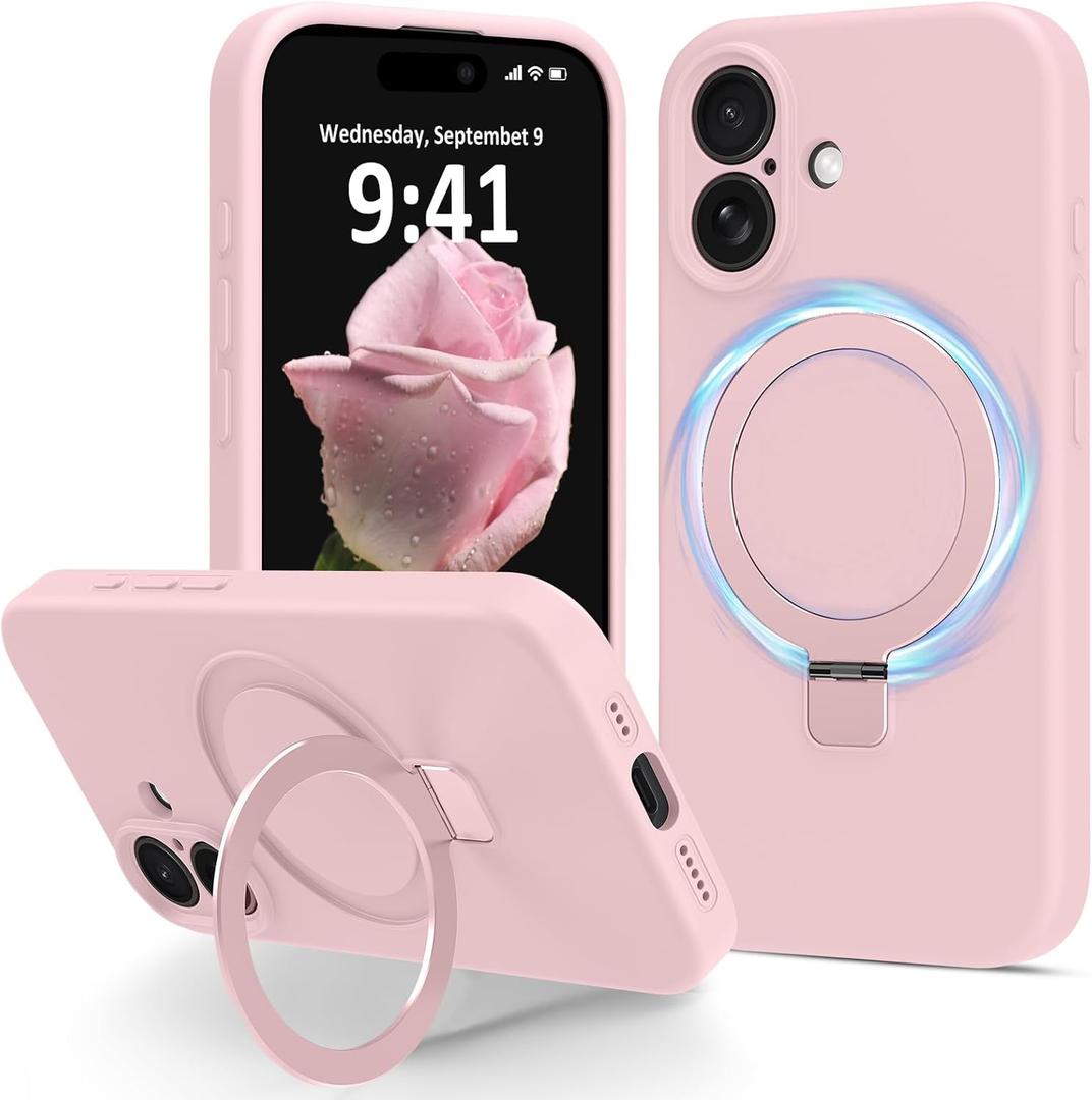 Compatible with iPhone 17 Case Stand, Slim Comfortable Liquid Silicone Phone Cases Fit for iPhone 17 Compatible with MagSafe Magnetic Ring Kickstand Stand Case Full Camera Protection, Pink