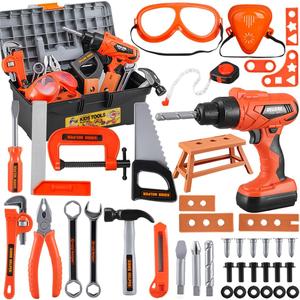 Kids Tool Set  Zealous 48 pcs Toddler Tool Set with Tool Box & Electronic Toy Drill, Pretend Play Kids Toys, Toy Construction Tools for Kids Ages 3,4,5,6,7,8 Years Old (A-Orange)