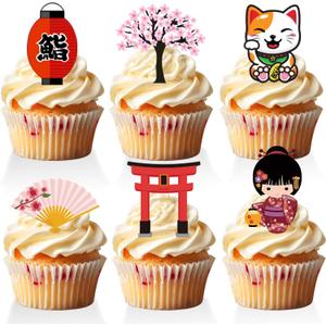18 PCS Japanese Cupcake Toppers for Boys Girls Adult Kokeshi Folding Fan Cherry Blossom Cake Topper Sushi Japanese Birthday Party Decorations Supplies