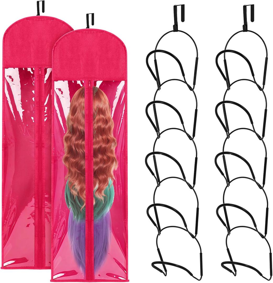 Blulu 10 Pcs Wig Hangers Rack for Multiple Wigs with Dust-proof Storage Bags, Hanging Storage Organizer for Hat with Anti-slip Grips Space Saving for Door Wall Closet Bathroom (Hot Pink)