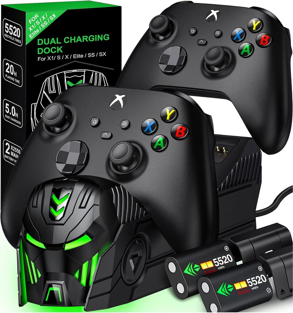 Rechargeable Xbox One Controller Charger Station with 2X 5520mWh Battery Pack Accessories Storage - for Xbox Series X/S/One/One X/One S Elite with 4 Battery Cases (Black)