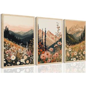 YUFEIART Boho Wall Art Mountain Wall Art OAK Wood Framed Nature Landscape Wall Decor Set of 3 Colorful Wildflower pictures Vintage Floral Canvas Prints Forest Paintings for Living Room Bedroom 16"x20"