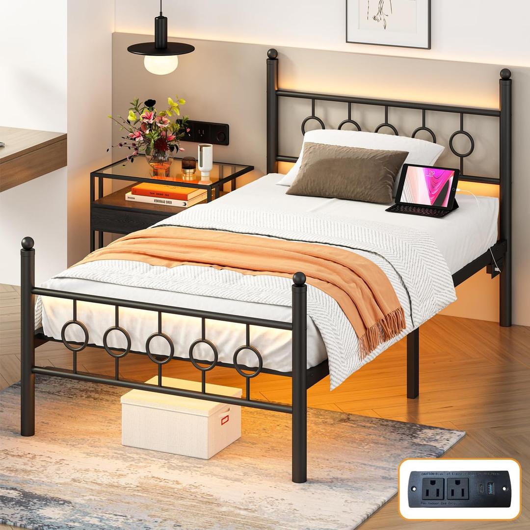 Twin Bed Frames with Headboard, LED Bed Frame with Charging Station, Metal Platform, Under-Bed Storage, No Box Spring Needed, Noise Free, Easy Assembly, Black