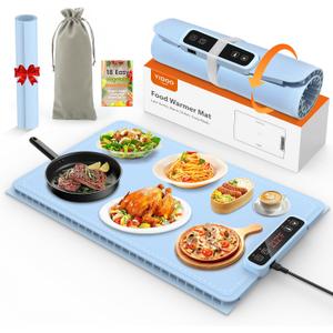 Premium Electric Warming Tray for Food - 5 Temp & 4H Timer, Anti-Scald Silicone Portable Food warmer Mat, Safety Lock, Roll-Up Design - Food Warming Mats for Countertop & Buffet Party Gathering (Baby Blue)