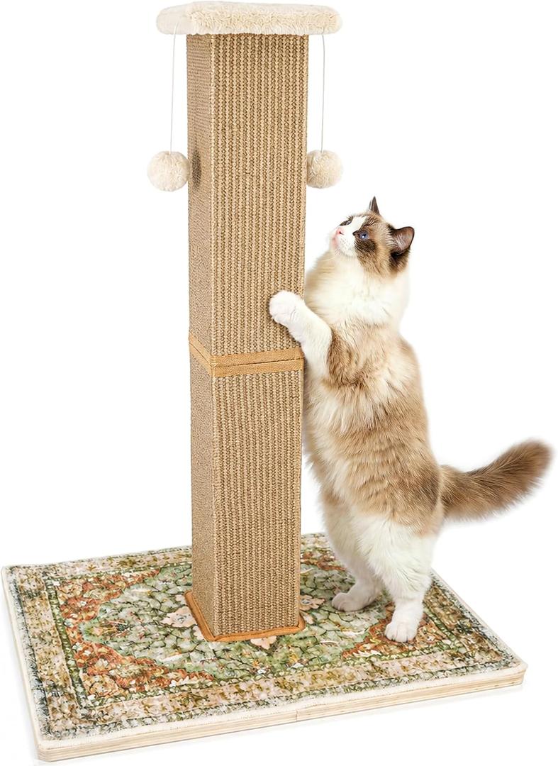 Tall Cat Scratching Post for Indoor Cats Adults, 33'' Large Cat Scratch Post with Perch, Cute Cat Scratching Post with Boho Carpet Dangling Ball Toys, Green