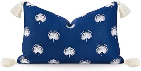 Hofdeco Premium Coastal Hampton Style Patio Indoor Outdoor Lumbar Pillow Cover Only, 12"x20" Water Resistant for Backyard, Couch, Navy Blue Embroidered Palm Leaf Tassel