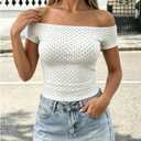 FOMELY Polka Dot Top Off The Shoulder Short Crop Shirts Going Out Blouse (White)