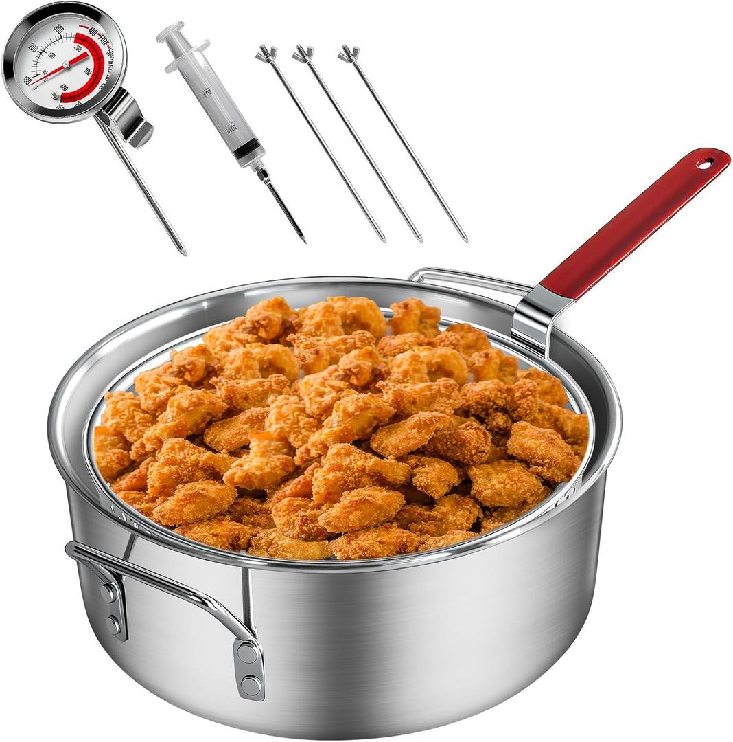 Veralune 10QT Outdoor Fish Fryer Kit, Heavy-Duty Aluminum Pot & 10QT Basket with Syringe, fixing rod, thermometer Cooking Chicken Wings, Seafood, French Fries
