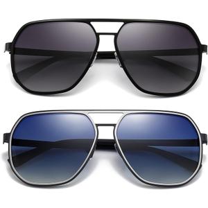 SUNGAIT Polygon Aviator Sunglasses for Men Polarized Trendy Square Sun Glasses Retro Pilot Shades UV Protection (07 Black/Gradient Gray & Silver/Blue)
