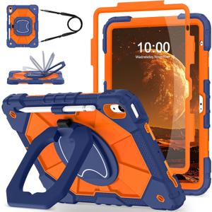 WESOROL Case for iPad (A16) 11th/10th Generation 2025/2022 with Screen Protector Rotating Stand Pencil Holder Shoulder Strap Heavy Duty Shockproof Cover for iPad 10th Gen Case Kids,Navy Orange