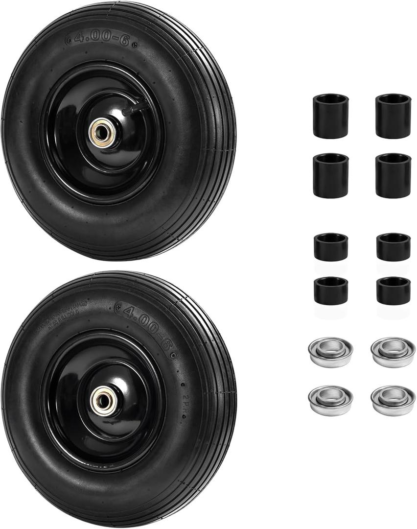 Parts Camp 13" Wheelbarrow Tires and Wheels 4.00-6 Pneumatic Tires with 5/8"&3/4" Bore Hole and 1.75" Centered Hub Flat Free Wheelbarrow Tire Fit Wheelbarrows/Wagons/Dolly/Trolley/Hand truck(2 Pack)