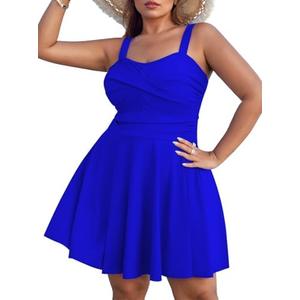 Sovoyontee Women Plus Size Tankini Swimsuit Two Piece Flowy Swimdress Bathing Suits with Shorts (Color: Blue) (Size: 3XL)