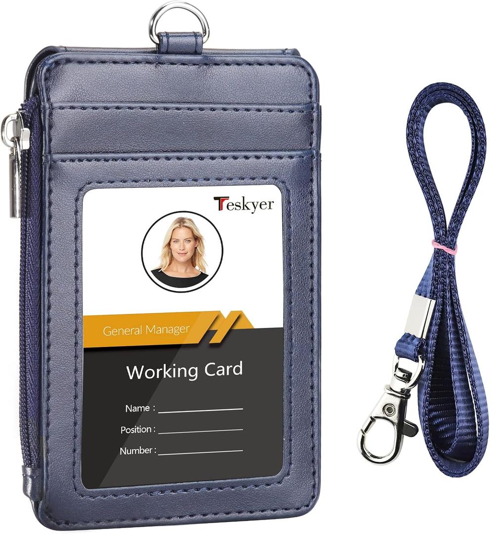 Teskyer Badge Holder with Side Zip Pocket, Multiple Card Slots Leather ID Holder Wallet with Neck Lanyard for Office Staffs, Teachers/Students, Couriers, Workers, Blue