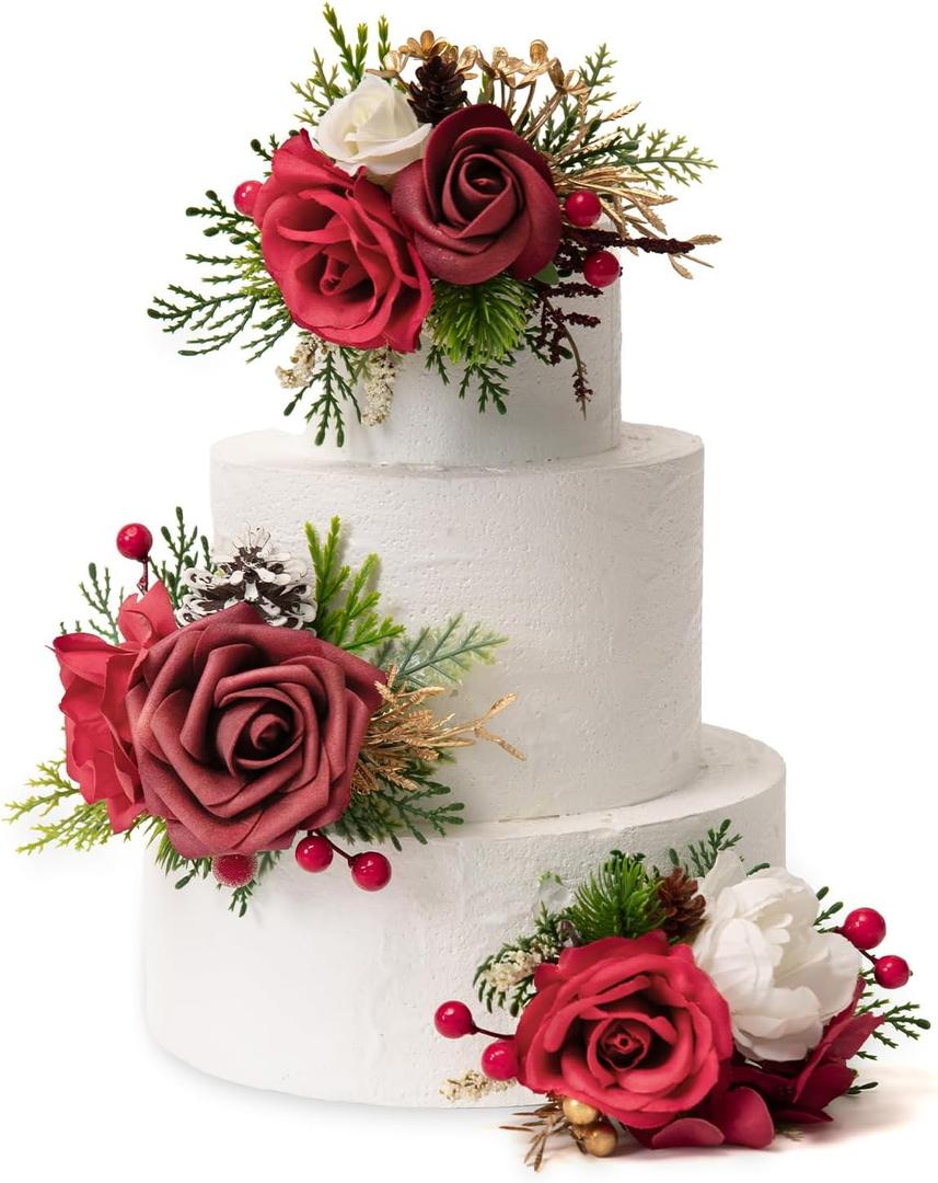 TINGE TIME 3Pcs Pre-made Cake ToppersWedding Artificial Flowers Decor, Cake Decorations for Weddings, Birthdays, Party,Baby Shower,Celebration(Burgundy), 4.8 inches x 2 inches