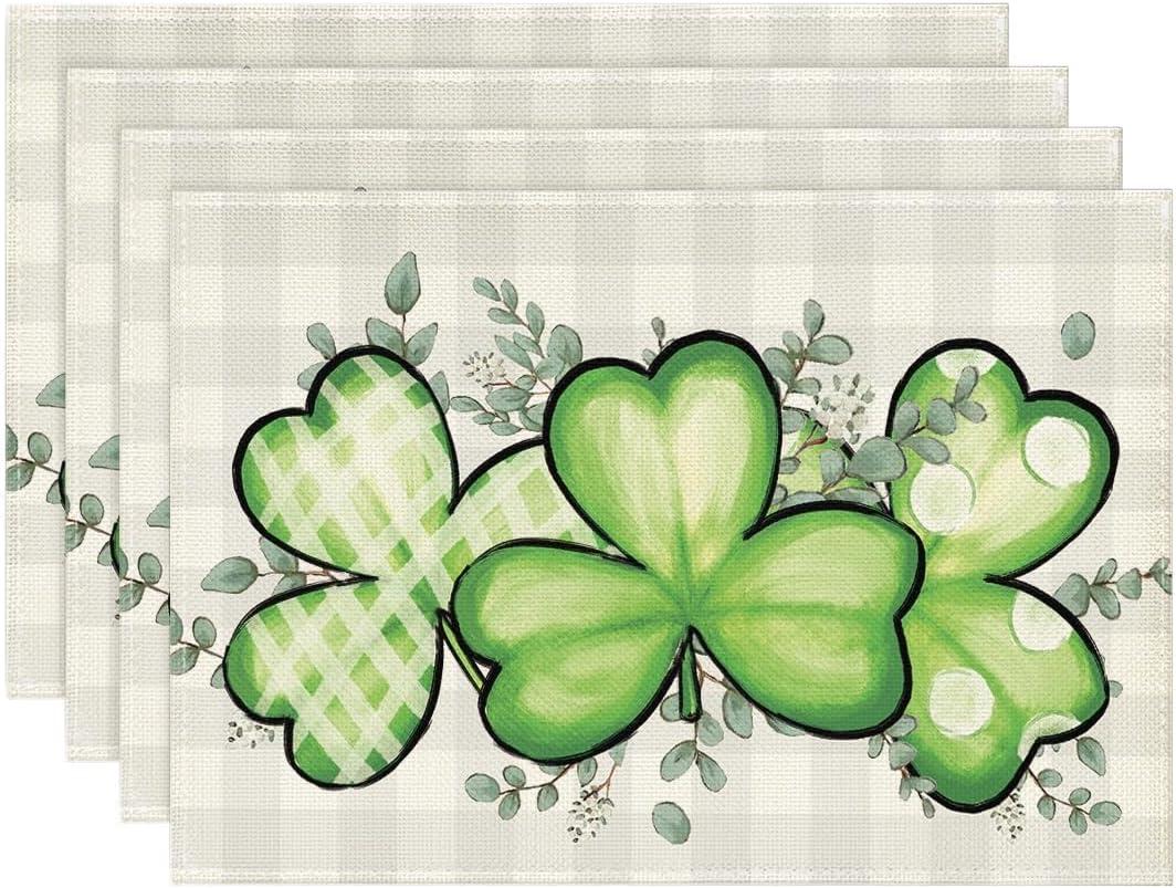 Artoid Mode Bufflao Plaid Shamrock St. Patrick's Day Placemats Set of 4, 12x18 Inch Seasonal Spring Table Mats for Party Kitchen Dining Decoration (Green)