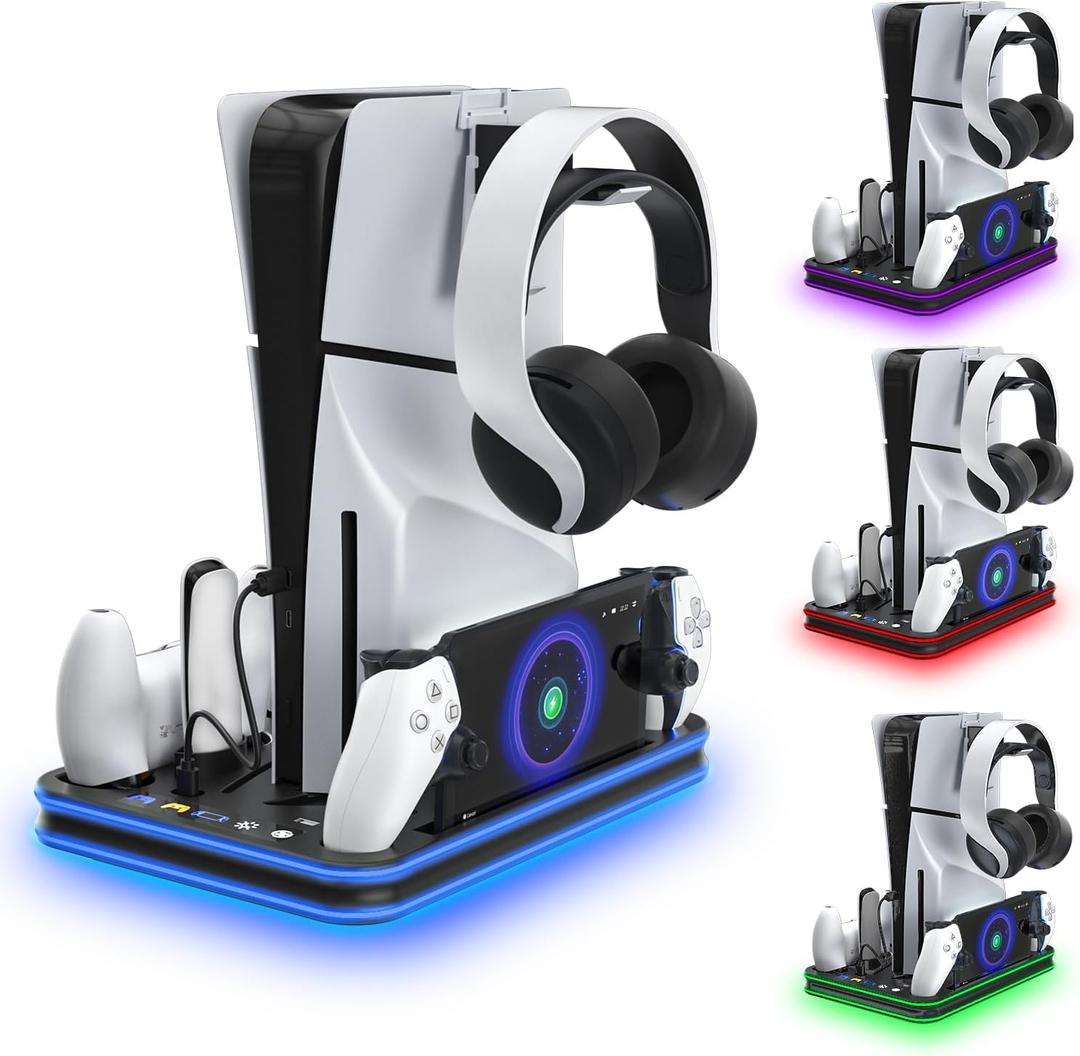 PlayStation Portal Charger, PS5 Stand and Cooling Station with RGB LED Controller Charging Dock Accessories, PS5 Edge Controller and PS Portal Charger, Headset and Remote Holders (Black)