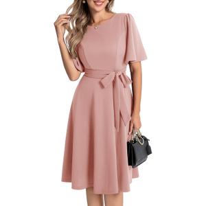 Bbonlinedress Women Midi Vintage Cocktail Party Tea Dress Short Sleeve Formal Wedding Guest Church Modest Dress (Pink, XL)