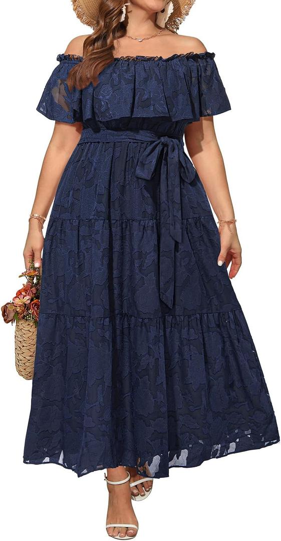 Plus Size Chiffon Off The Shoulder Maxi Long Floral Summer Casual Beach Boho Sundress Women 2024, Size 20W, Navy Blue,
