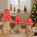 Mie Creations Wooden Mushroom Decor Figurines Set of 3, Aesthetic Mushroom Decor for Outdoor Garden Yard, Table Centerpieces, Home Shelf, Office Desk, Wood Decorative Christmas Sculptures- Red Dotted