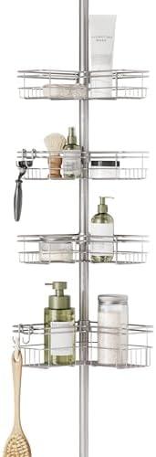 Zenna Home Tension Pole Shower Caddy Corner Organizer, Adjustable Standing Shower Caddy with 4 L-shaped Baskets and Hooks, Rust Resistant Bathroom Tension Rod Organizer, 60 to 97 Inch, Satin Nickel