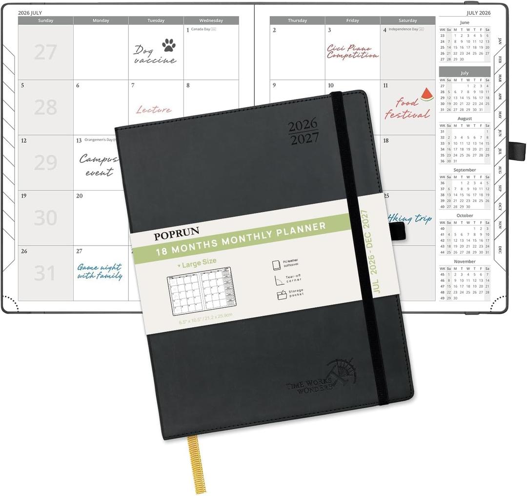 POPRUN Monthly Planner 2026-2027 (Large- 8.5" x 10.5" Soft Cover), 18-Month Calendar Book (Jul.2026-Dec.2027), Calendar Planner with Monthly Tabs & Pocket, 100 GSM Paper - Black