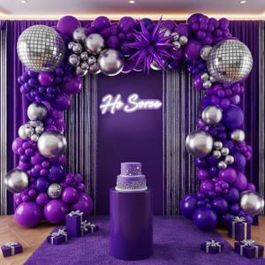 chrome purple silver disco balloon garland arch kit 120pcs dark purple & metallic purple balloons with disco ball star balloons for birthday eve prom party happy grad kpop decorations 2025