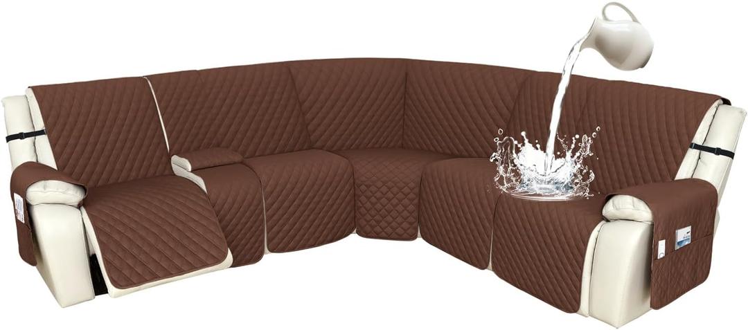 Arfntevss Recliner Sectional Couch Covers 1OO% Waterproof L Shape Sofa Cover for Reclining L Shaped Sectional Slipcover Washable Corner Non Slip Protector (5 Seater with 1 Console, Coffee Brown)