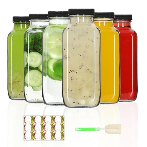 AuroTrends 12 oz Glass Bottles with Lids 6Pack, 360ml Glass Bottles for Juicing, Water, Kombucha - Portable Juicing Bottles Reusable for Juice/Coffee/Milk/Kombucha Storage