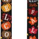 Fall Porch Sign Outdoor Vertical Banner Set Hello Fall & Welcome Double Hanging Decorations Autumn Buffalo Plaid Pumpkin Maple Leaf Theme for Front Door, Porch, Wall  Thanksgiving Decor