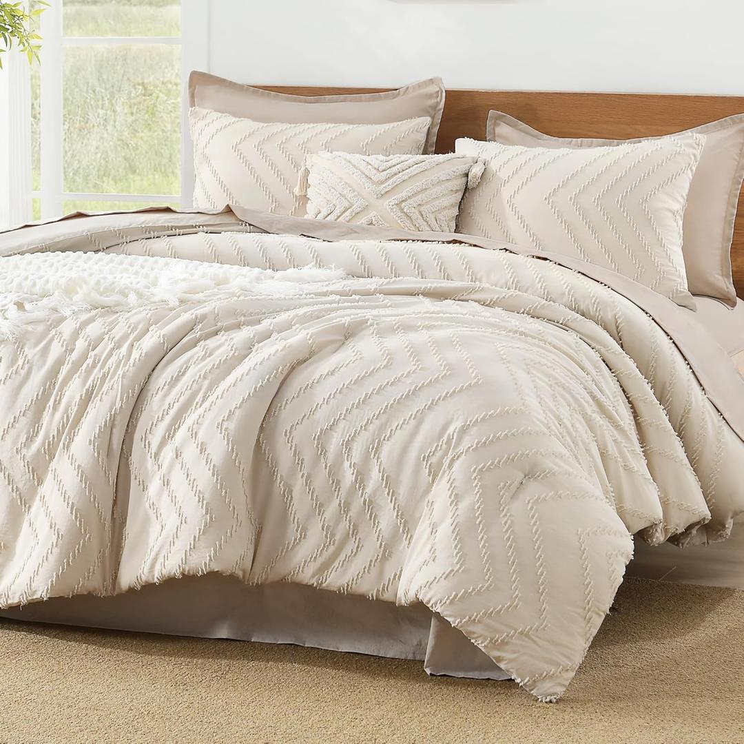Litanika King Size Comforter Set Beige, 3 Pieces Lightweight Tufted Bedding Comforter Set Cream, All Season Fluffy Bed Set Gift Choice (King (104"x90"), 01 - Beige)