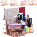 Rose Gold Desk Organizer for Women Cute Home Office Accessories & Supplies Decor, Girly Desktop Stationary Essentials Organization Set, Mesh Caddy Storage 5 Compartments +1 Mini Sliding Drawer