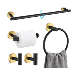 TQKAG Black and Gold Bathroom Accessory Set 5 Pieces, Round Stainless Steel Bath Towel Bar Set 23.6 Inch Towel Racks for Bathroom Wall Mounted