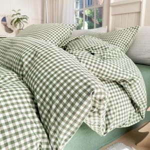 LifeTB Queen Comforter Set Green Gingham Comforter Modern Style Checkered Pattern Comforter Set Boho Grid Plaid Bedding Comforter Lightweight Fluffy Soft Grid Bedding Set Queen Size Breathable (Queen (90"x90"))