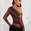 Women's Off The Shoulder Shirts Tie Dye Long Sleeve Mesh Casual Top Trendy Ruched Slim Fitted Tees (XS)