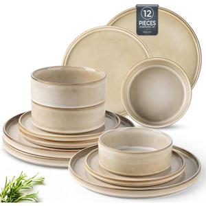 AmorArc Ceramic Dinnerware Sets, Handmade Reactive Glaze Stoneware Plates and Bowls Sets,Highly Chip and Crack Resistant | Dishwasher & Microwave Safe Dishes Set, Service for 4 (9 Pc) (Cappuccino)