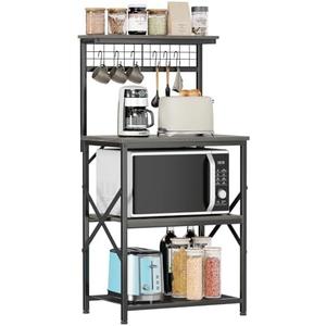 Furologee Kitchen Bakers Rack, Microwave Stand with Storage 4 Tiers, Coffee Bar Station with 6 S Hooks and Pegboard, Kitchen Shelves Rack for Spices, Pots, Black Oak