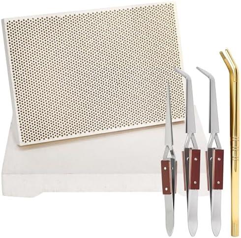 YIMITEE 6 Pack Jewelry Soldering Kit, Jewelry Welder with Honeycomb Ceramic Welding Board, Solder Plate, Copper Tong, 3 Lock Tweezers, Metal Melting Supplies, Jeweler Making Tools, Heat Proof