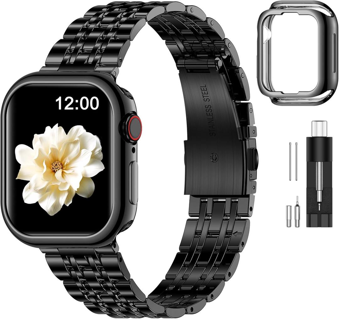MioHHR Slim Metal Band Compatible with Apple Watch 41mm 40mm 38mm, Solid Stainless Steel Chain Strap for Women Men iWatch Bands Series 9 8 7 6 5 4 3 2 1 SE3 SE2 SE, Black