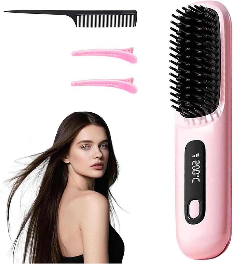 Go Brush Pro 2025 New Cordless Hair Straightener Brush - 199 Million Negative Ions, Compact & Travel-Friendly with LED Display, 4000mAh Rechargeable, Anti-Scald Mini Hot Comb for Women (Pink)