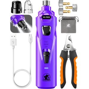 Whisper Quiet Dog Nail Grinder with 4 LED Lights, Safe & Stress-Free for Sensitive Dogs of All Breeds & Sizes, 3 Grinding Bits, 3-Speed, Pet Nail Trimmers, Rechargeable Painless Grooming Kit Purple