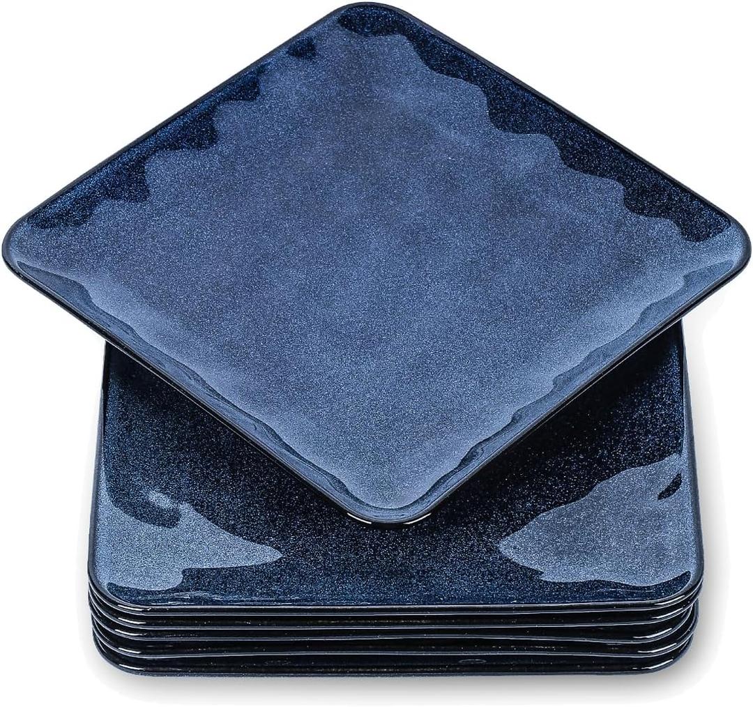 vicrays Ceramic Square Plates Set of 6 - Porcelain 8 inch Dinner Plates for Salad Dessert Appetizer Bread - Microwave Oven and Dishwasher Safe - Blue