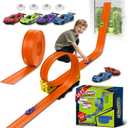 Flex Race Track 16 Ft with Suction Cups Compatible with Diecast 1/64th Cars, Flexible Car Track Toys for Ages 3+ Kids Toddlers Roll Out Portable Racetrack (Orange)
