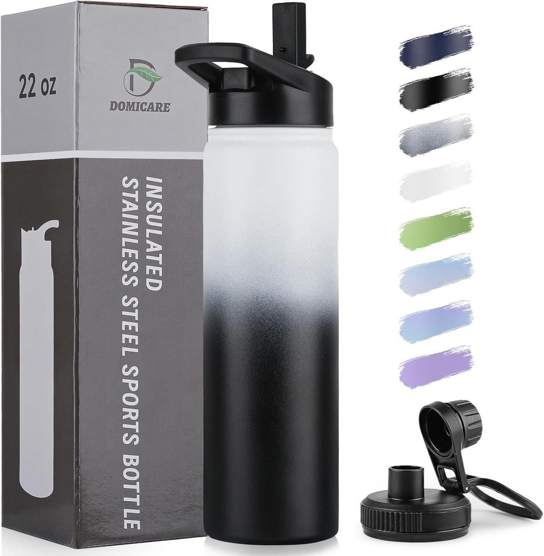 DOMICARE Insulated Water Bottle, 22 oz Vacuum Insulated Stainless Steel Reusable Sports Bottle with Straw Lid & Spout Lid for Travel, Camping, Bike, Leakproof, Black/White, 1 Pack