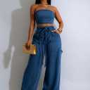 Women's Denim 2 Piece Outfit Sleeveless Bodycon Tube Top Wide Leg Pants Set Summer Vintage Jeans Going Out Tracksuit (L)