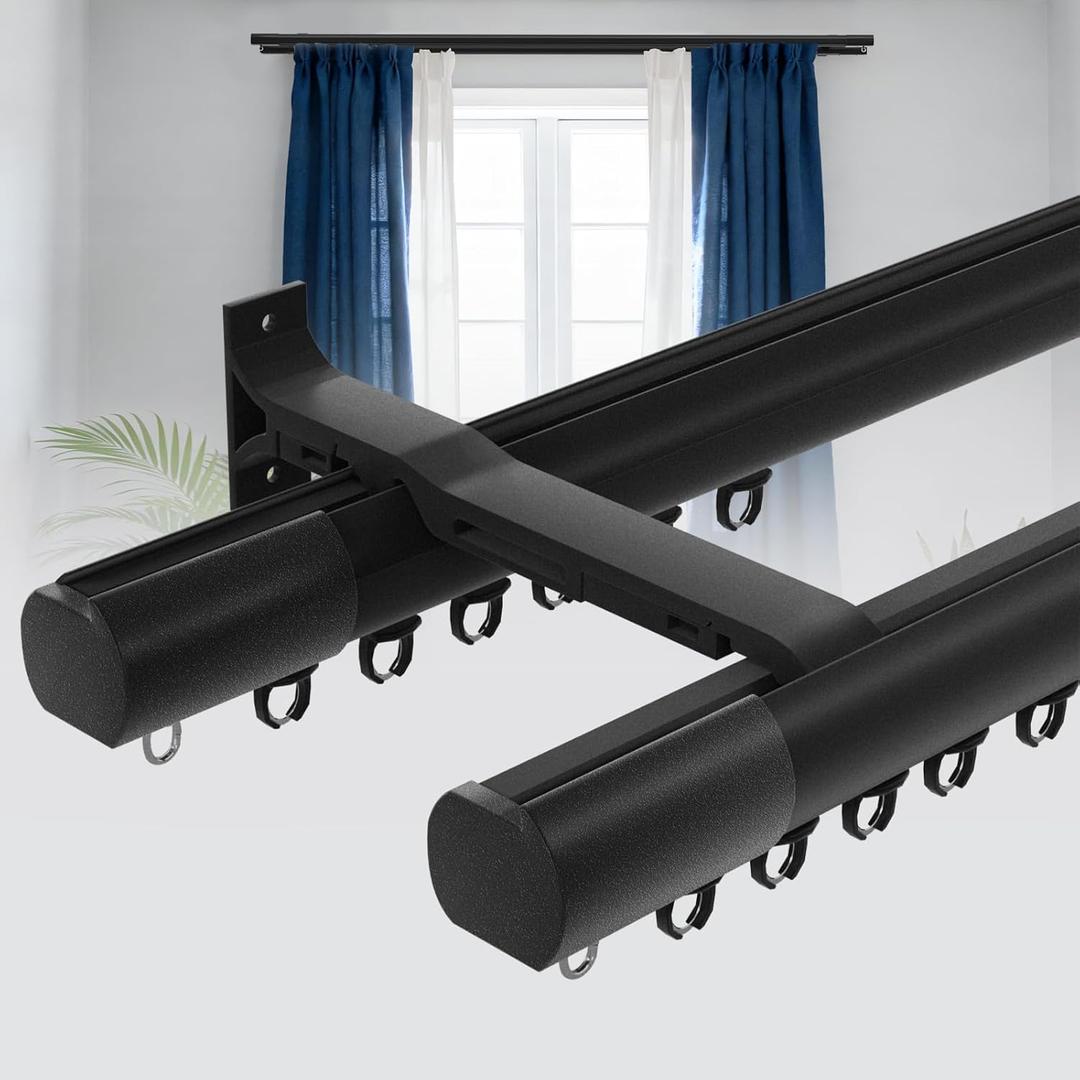 Double Curtain Rod Set for Windows, Heavy Duty Dual Track System with Aluminum Brackets, Decorative Black Curtain Rail for Room Divider, Bedroom & Living Room Drapes (Black, 96")